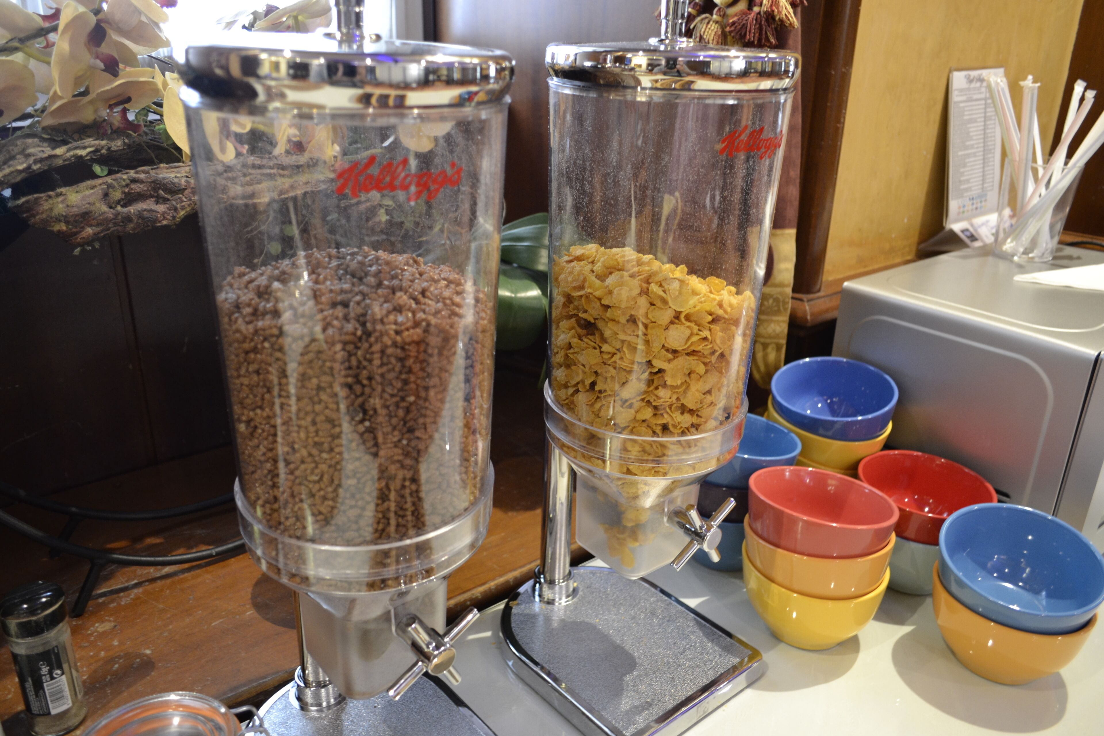 Two clear containers labeled 'Kellogg's' with different cereal grains, a tray with bowls, and a small plant in the background.