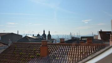 Una terraza con tejas de terracota y plantas verdes, con vistas a un paisaje urbano con edificios y cielo despejado.