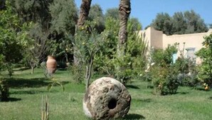 A garden with a large rock, trees, and a building in the background. - Dar Zitoune (Taroudant)