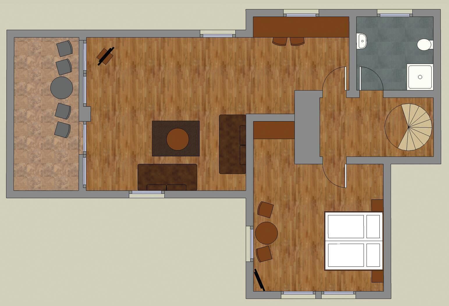 A floor plan with a living area, dining area, kitchen, and bathroom.