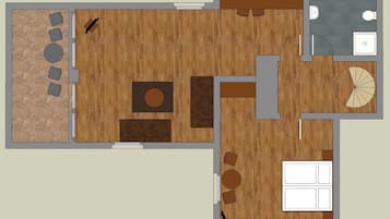 A floor plan with a living area, dining area, kitchen, and bathroom.