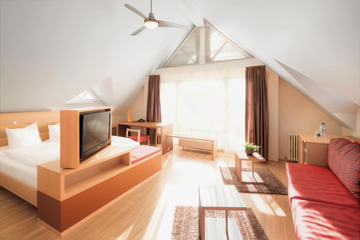 Estudio junior, vista al lago | Ropa de cama hipoalergénica y caja de seguridad en la habitación