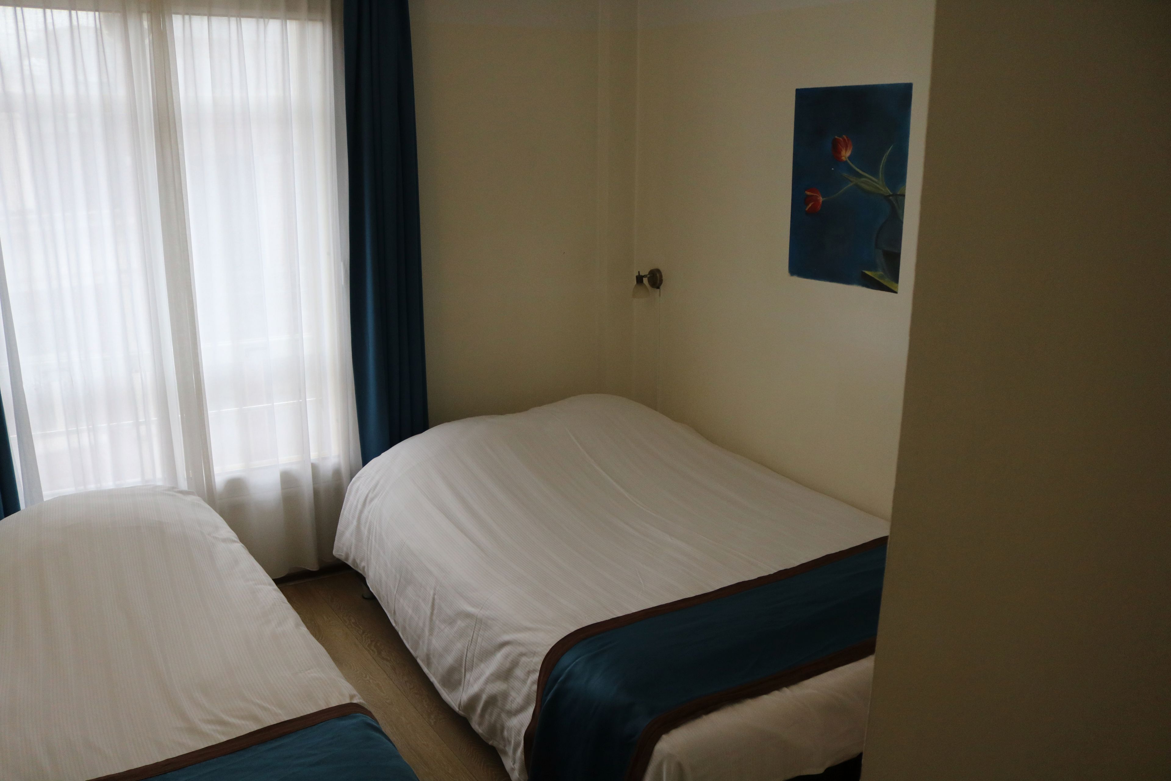 A room with two single beds, a window with sheer curtains, and a wall-mounted painting.