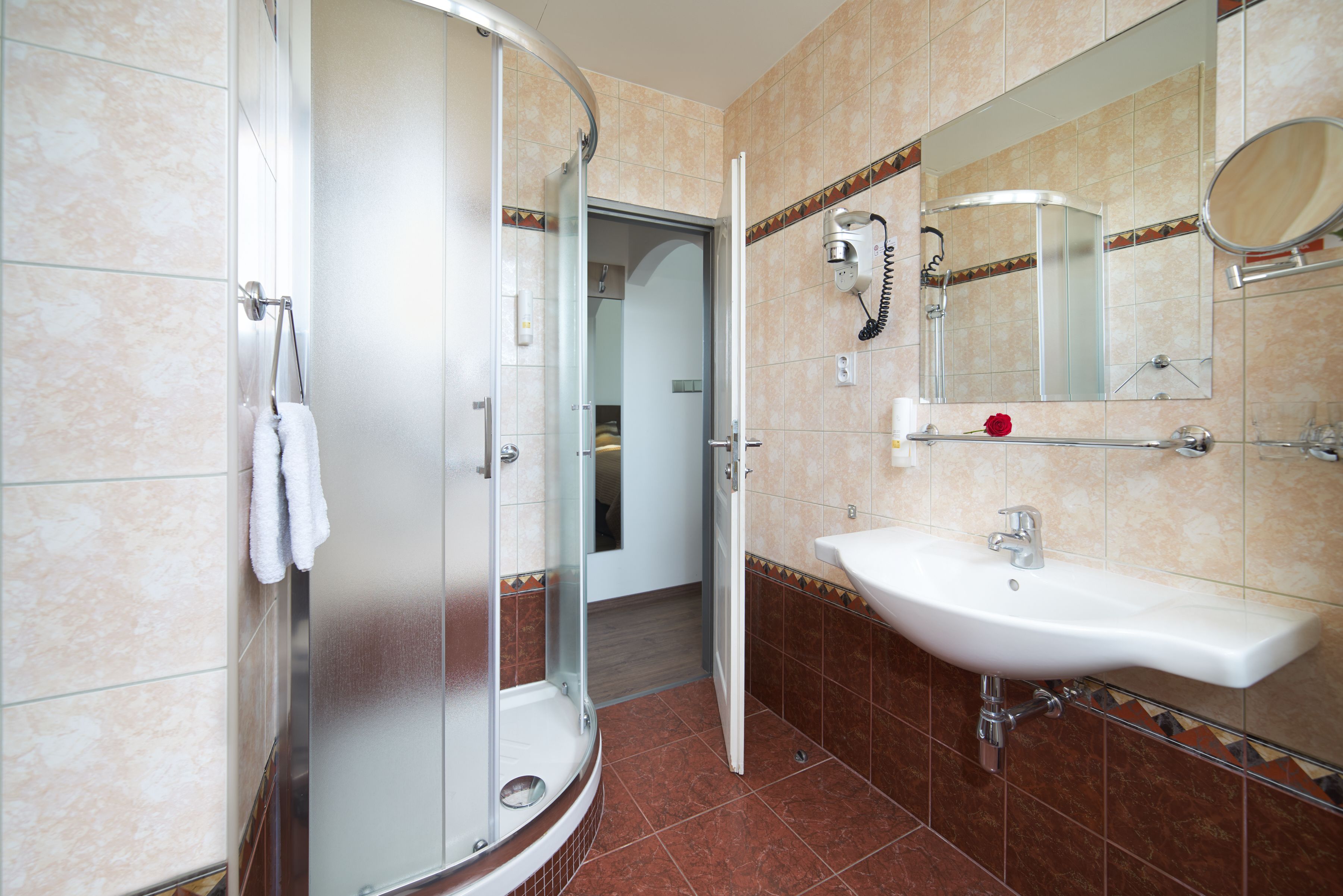 A bathroom with a glass-enclosed shower, a sink, and a mirror.