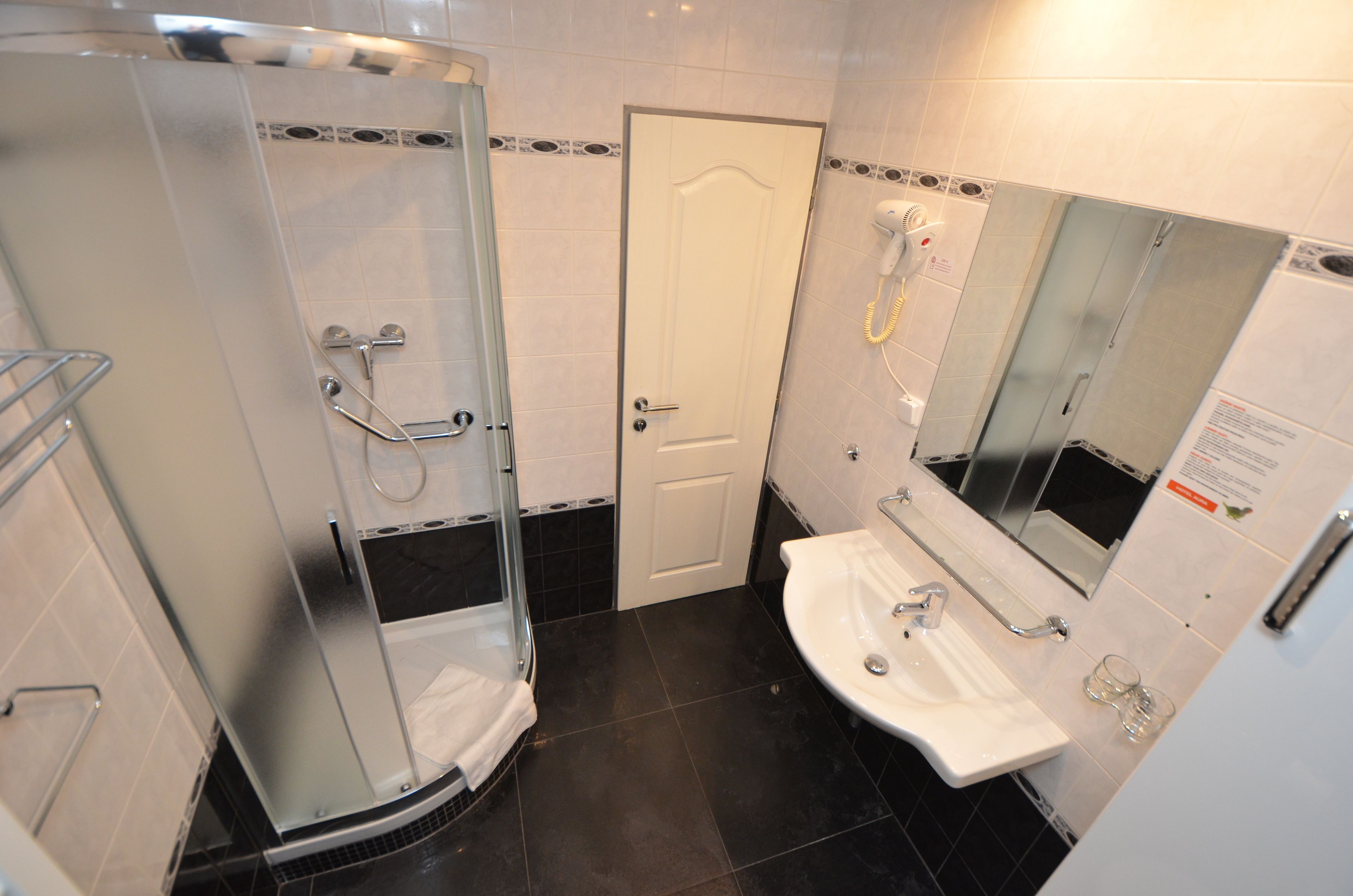 A bathroom with a glass-enclosed shower, a white sink, and a large mirror.