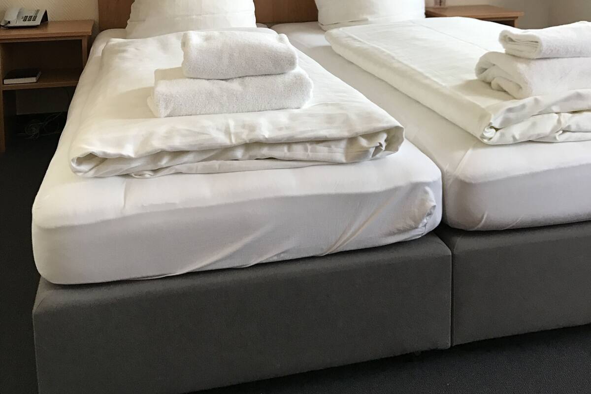 A hotel room with a bed, two pillows, a nightstand, a phone, and a painting of a sunset over the ocean.