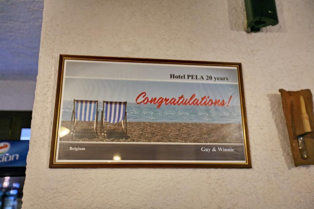 A framed picture on a wall with a beach scene, text 'Hotel PELA 20 years', and 'Congratulations!' written on it.