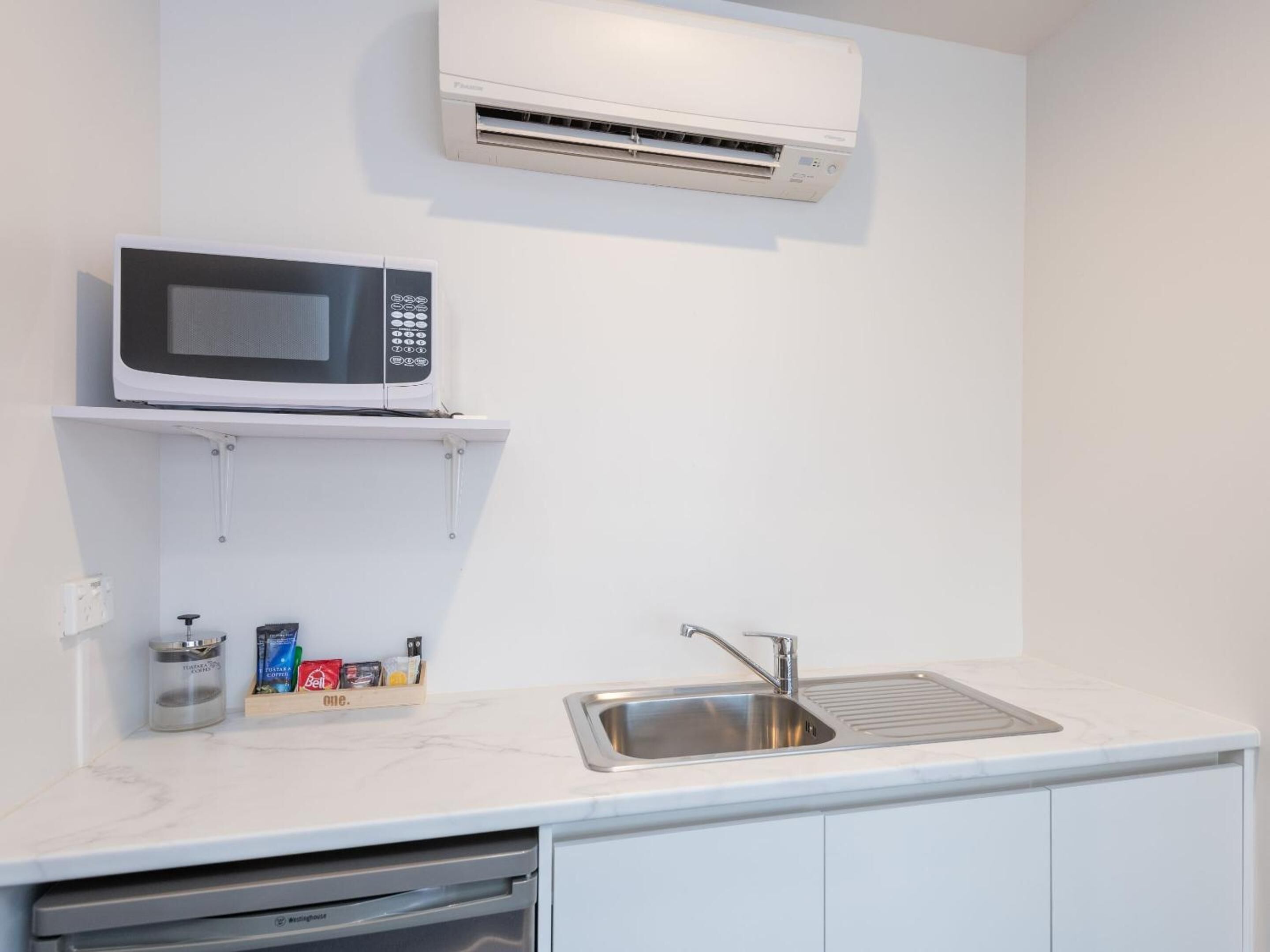 fridge, microwave, coffee/tea maker, electric kettle