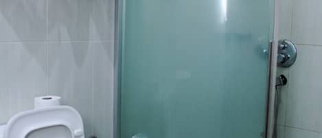 A bathroom with a toilet, a shower enclosure, and a toilet paper dispenser.