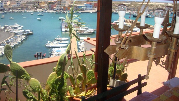 Un balcón con vista a un puerto deportivo, plantas en macetas y una lámpara de metal rústica.