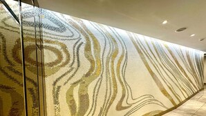 A corridor with a decorative wall featuring a mosaic pattern. - Sakura Sky Residence (Bangkok)