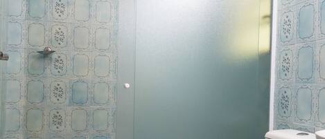 Un baño con inodoro, zona de ducha y puerta con diseño de mosaico.