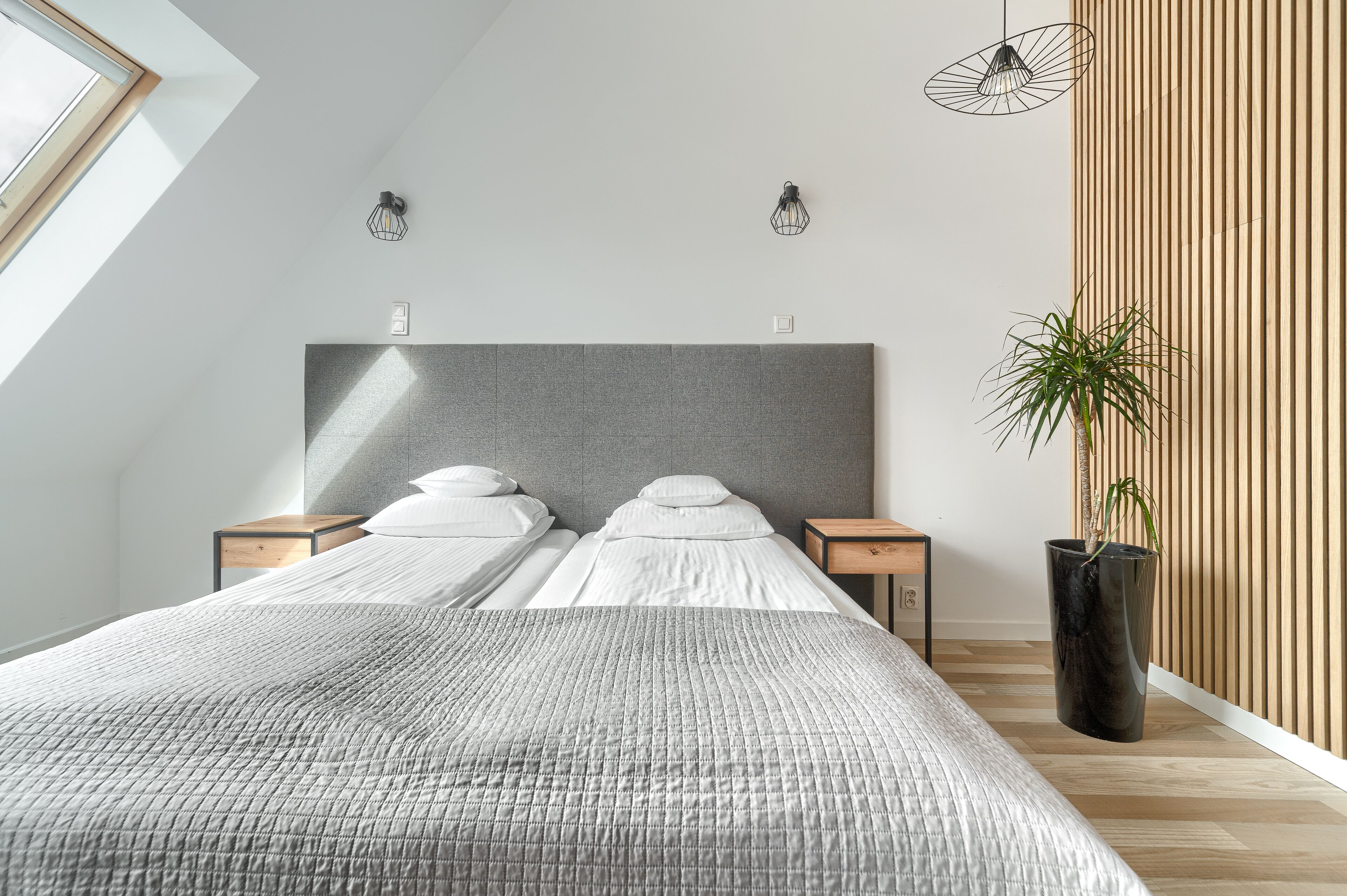 A modern bedroom with a large bed, two bedside tables, a potted plant, and a sloped ceiling with skylight.