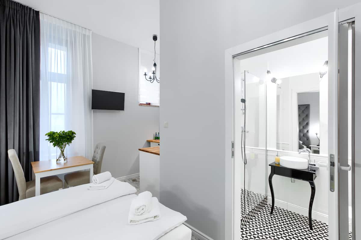 Habitación de hotel moderna con una cama, un escritorio con una planta, un televisor y un baño con espejo y lavamanos.