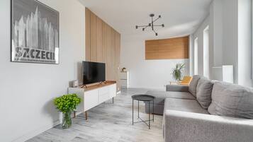 A modern living room with a TV, wooden panel wall, grey sofa, and a small table.
