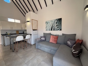 Una sala moderna con un sofá gris, una zona de cocina con armarios blancos y un comedor con dos sillas blancas.