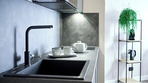 A modern kitchen with a black sink, a coffee maker, and a shelf with a plant. - Residence Leopoldo (Florence)