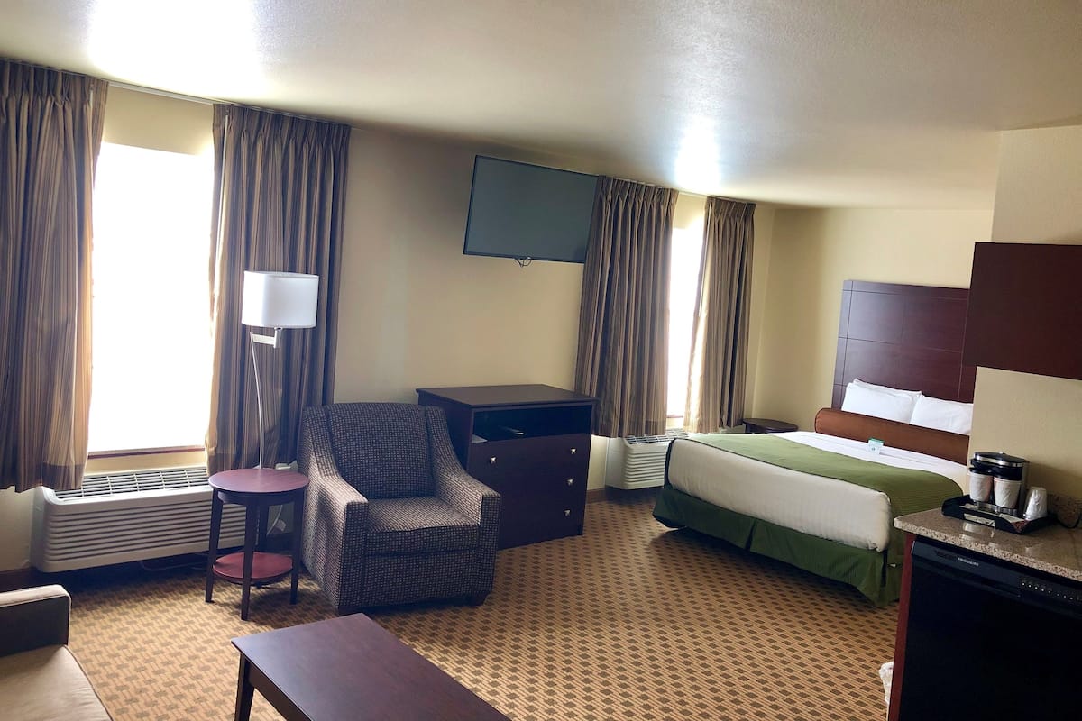A hotel room with a bed, a desk, a chair, a lamp, a television, and a heater.