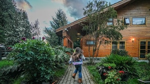 Une cabane en bois dotée d’un porche couvert, entourée d’une végétation luxuriante et agrémentée de plantes en pot.