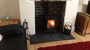 A cozy living room with a fireplace, a sofa, a lamp, and a wooden cabinet. - Haven Cottage (Seahouses)