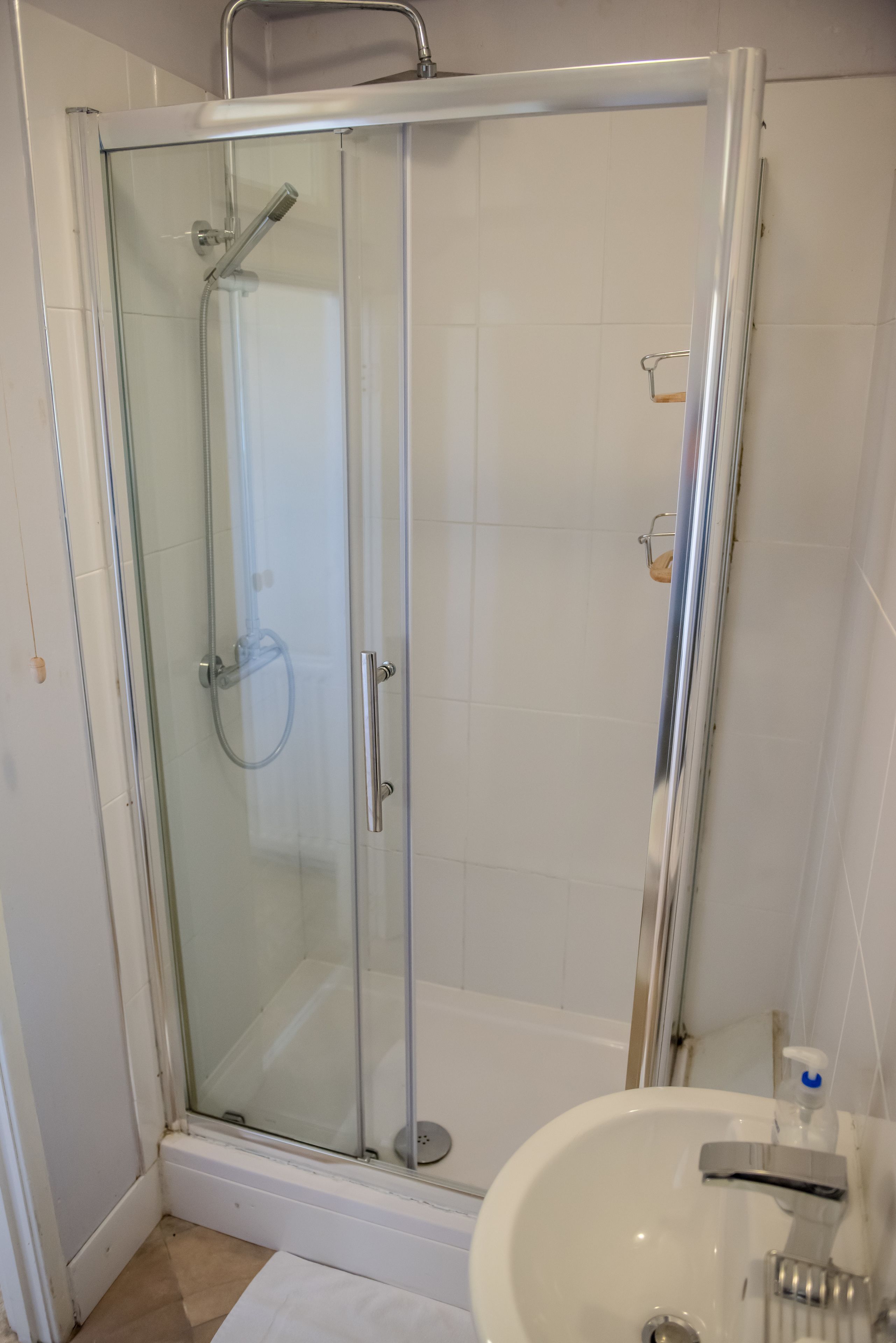 A glass-enclosed shower with a handheld showerhead and a handheld faucet.