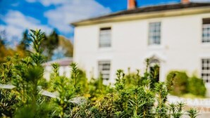 A white building with multiple windows and a door, surrounded by greenery. - Penygelli Country House Apartments (Newtown)