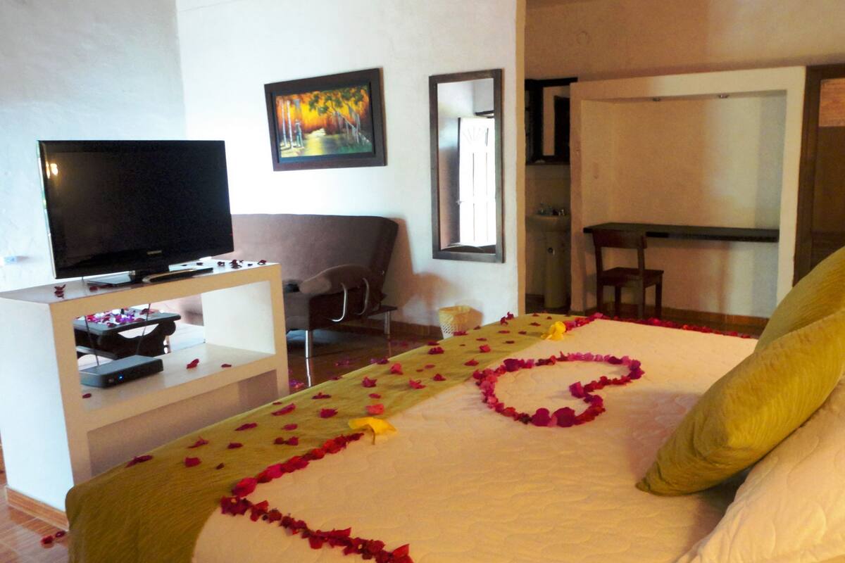 Une chambre d’hôtel avec un lit parsemé de pétales de rose, une télévision, une chaise et un tableau accroché au mur.