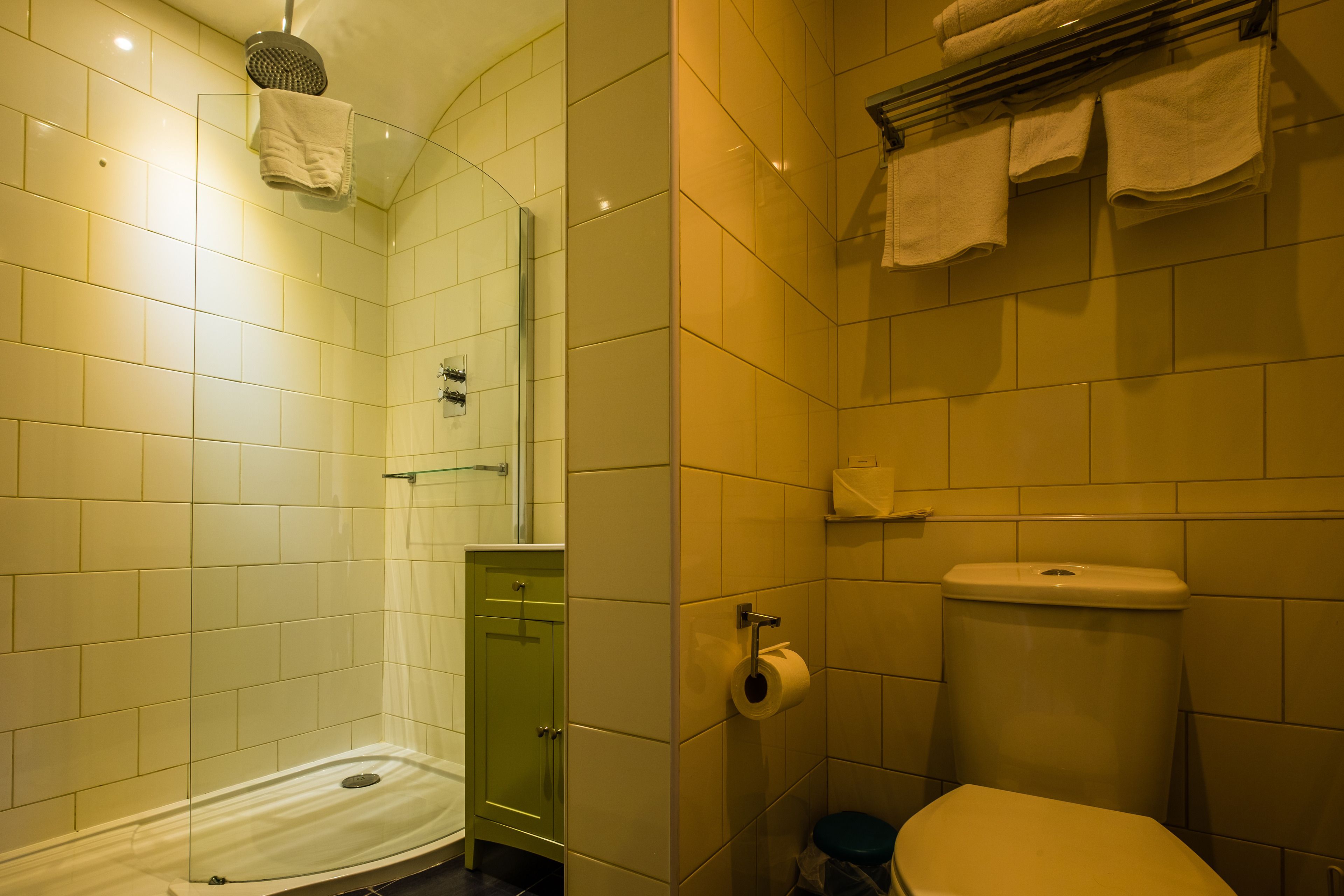 A bathroom with a glass shower enclosure, a toilet, and a sink.