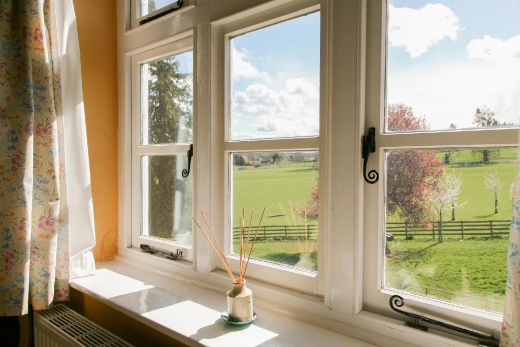 Una ventana con vistas a un campo verde y árboles, un radiador debajo y un pequeño candelabro en el alféizar.
