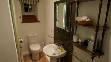 A bathroom with a toilet, sink, and mirror. There is a shelf with toiletries and a trash can.