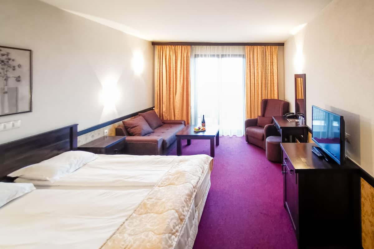 A hotel room with a bed, a sofa, a desk with a television, and a window with curtains.