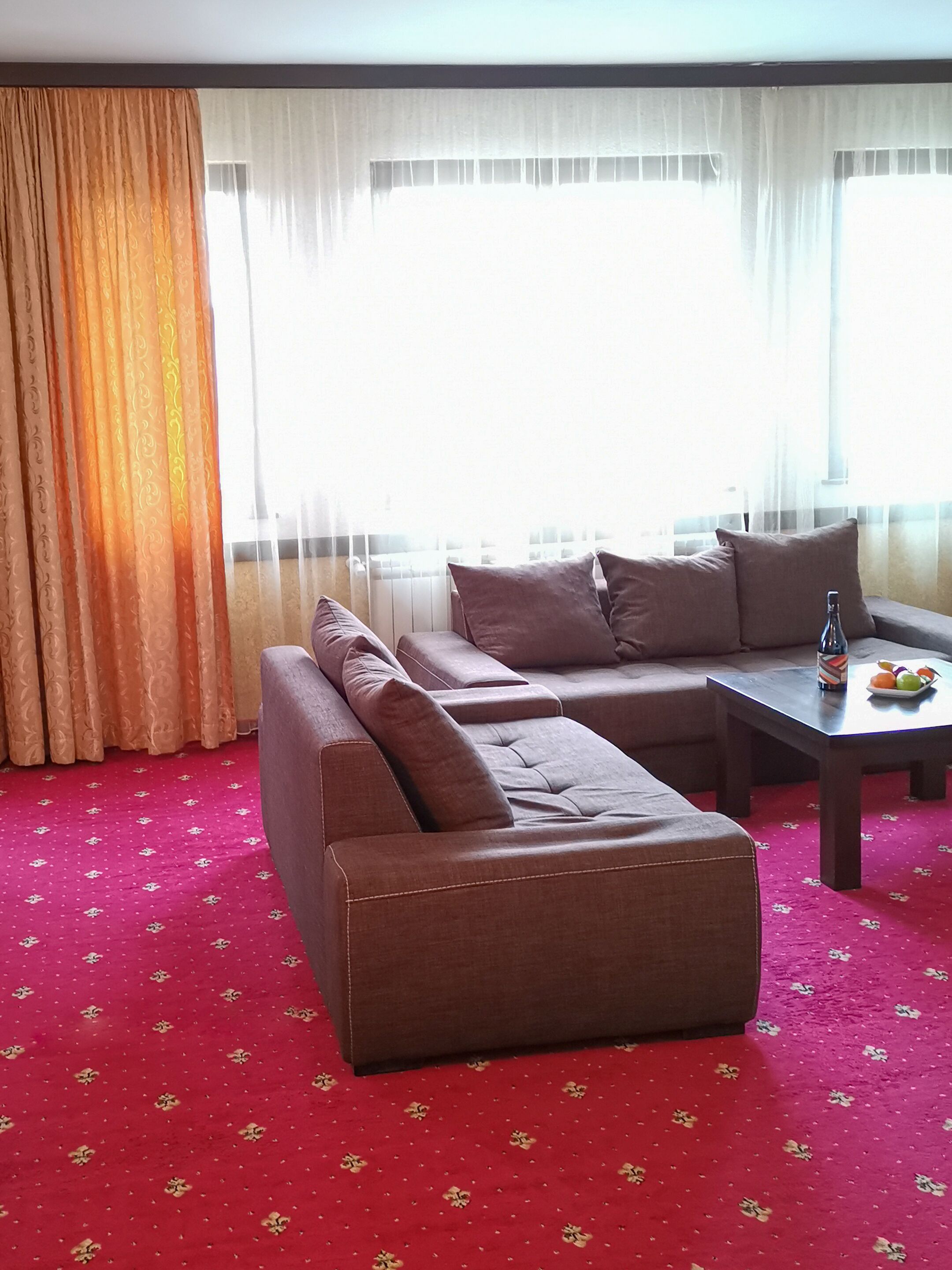 Habitación de hotel con un sofá marrón, una mesita con una botella y fruta, y una alfombra roja con motivos florales.