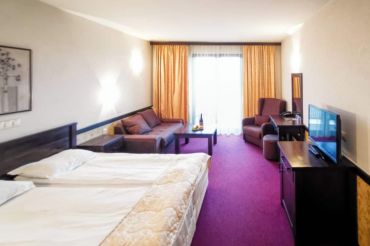 A hotel room with a bed, a sofa, a desk with a TV, and a chair.
