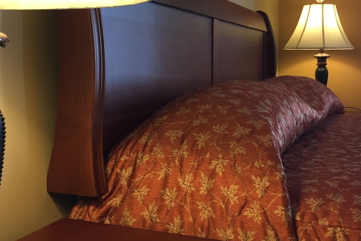 Habitación de hotel con cabecera de madera, cama con colcha estampada, mesita de noche con lámpara y un cuadro en la pared.