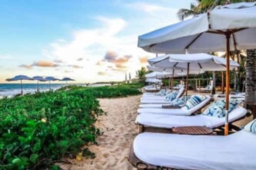 On the beach, sun loungers, beach umbrellas, beach towels