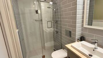 A modern bathroom with a glass shower enclosure, a white toilet, and a vanity with a sink and mirror.