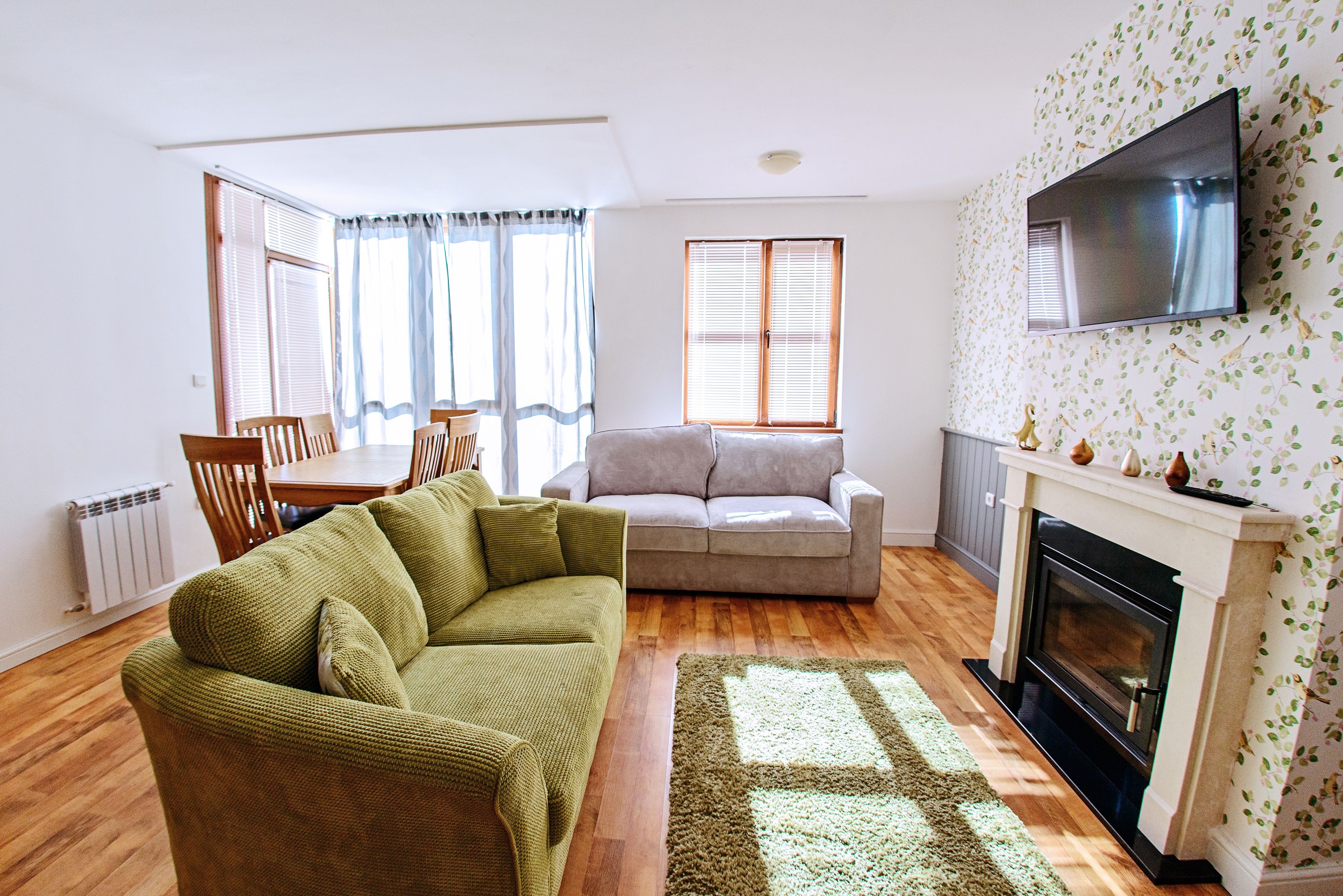 Una sala de estar con un sofá verde, un sofá gris, una chimenea y un televisor de pantalla plana en la pared.