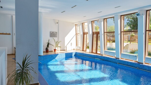 An indoor swimming pool with clear blue water, large windows, and potted plants. - Mountain View Resort (Bansko)