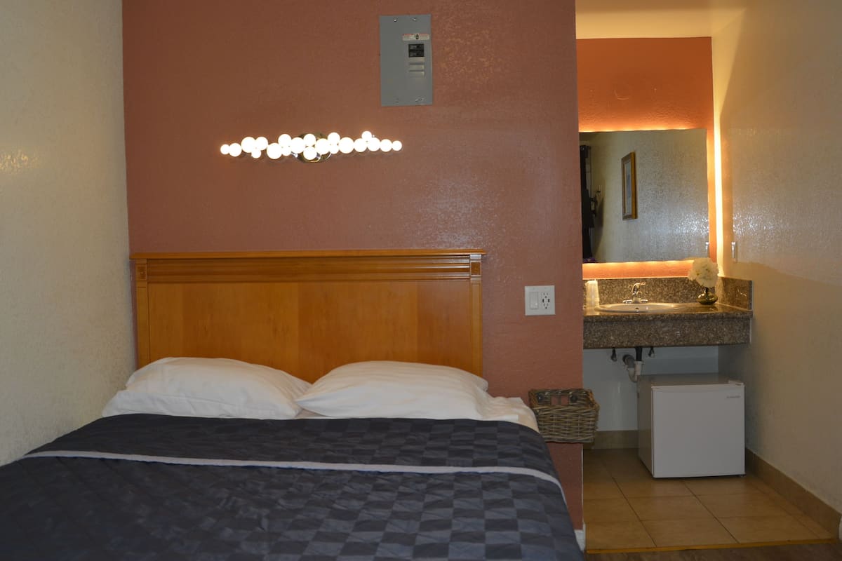 Habitación de hotel con cama, un refrigerador pequeño, un lavamanos y un espejo.