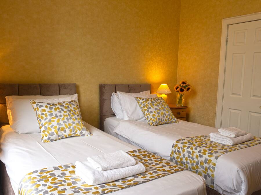 Een hotelkamer met twee bedden, elk voorzien van een beddekleed met dessin en kussens, een nachtkastje met een lamp, een vaas met bloemen en een deur.