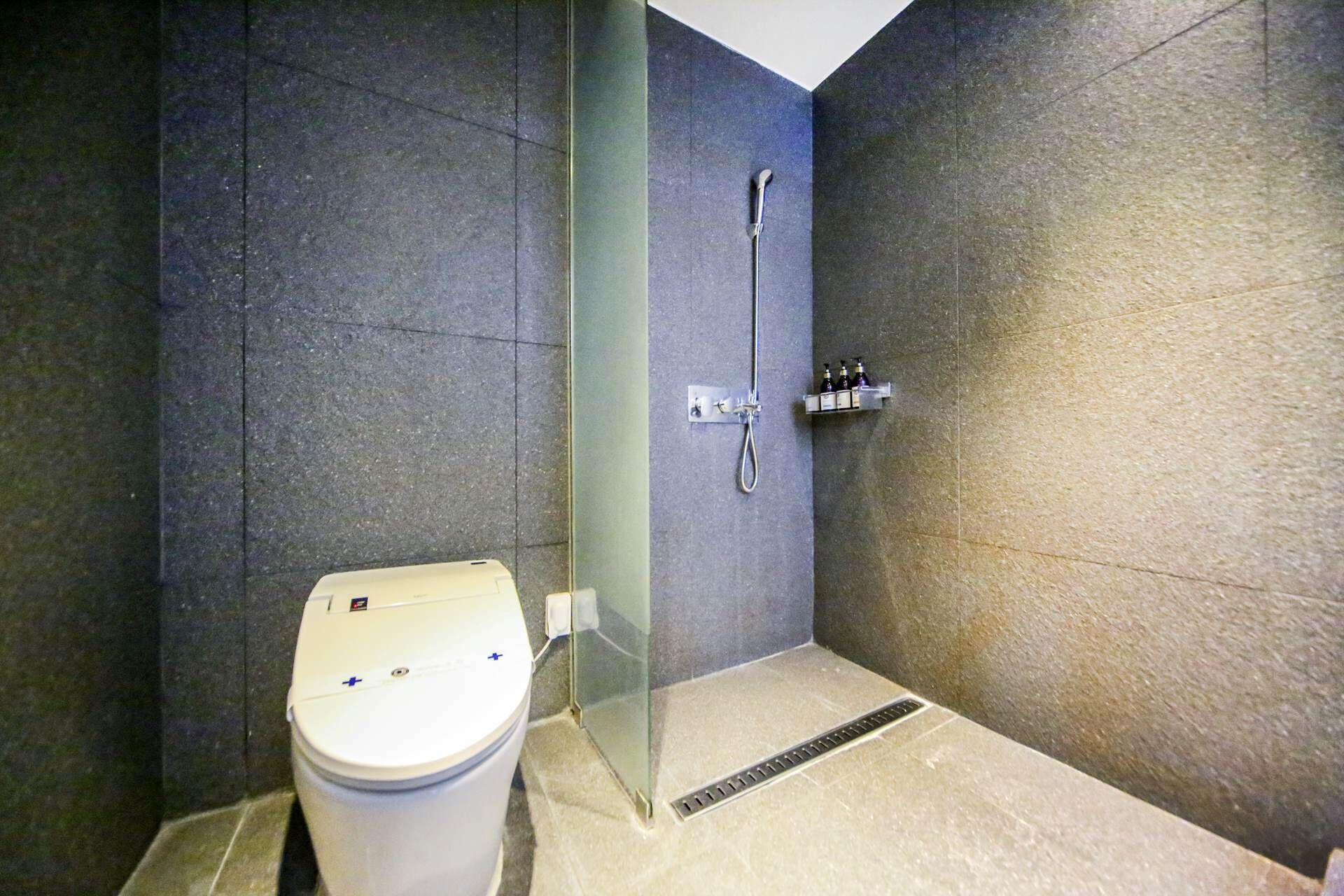 Un baño moderno con cabina de ducha de vidrio, inodoro y un estante pequeño con artículos de aseo.