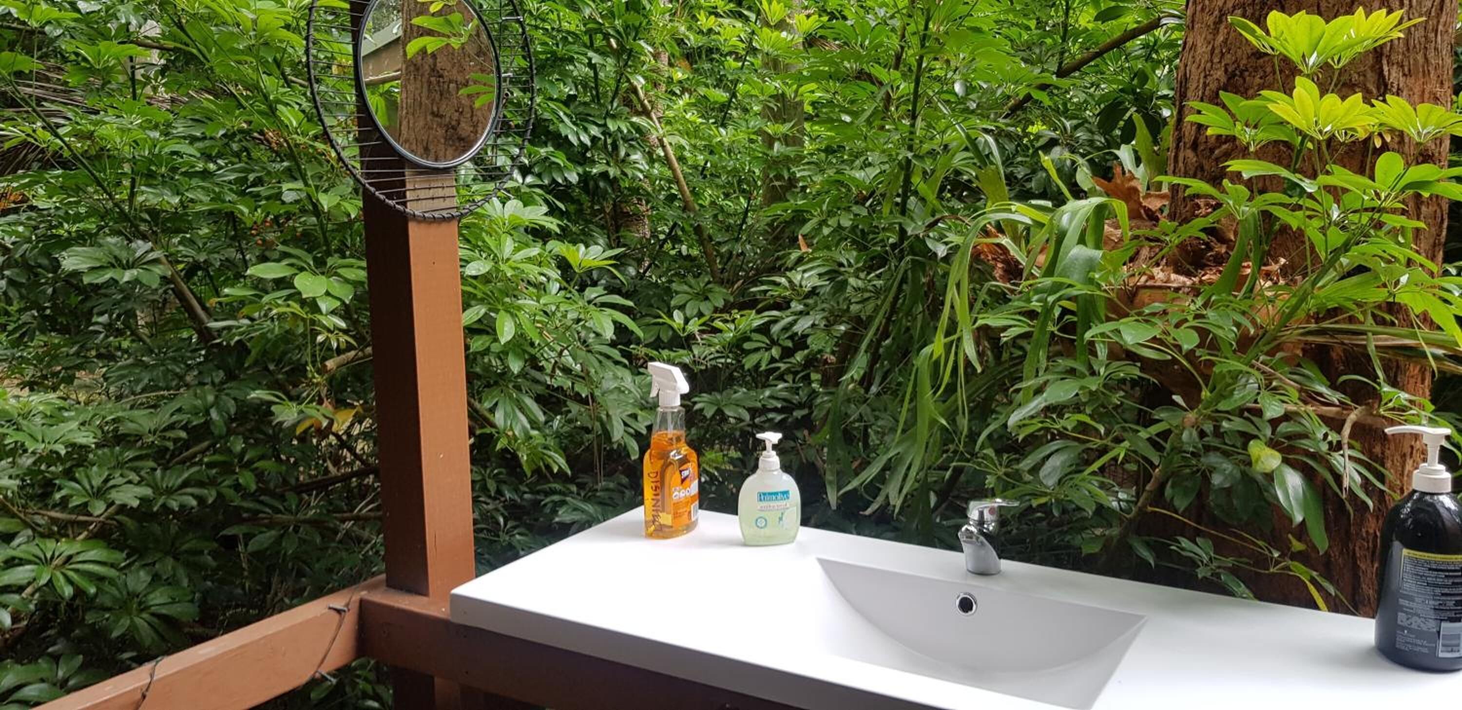 A bathroom with a white sink, two bottles of hand soap, and a mirror.