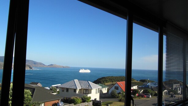 A coastal view from a window overlooking a residential area with houses and a cruise ship in the distance. - Pacific View Bed and Breakfast (Wellington)