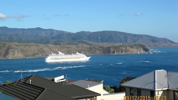 Un crucero en una zona costera con montañas al fondo.