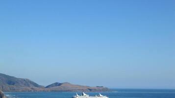 Un crucero en el océano, con montañas al fondo.