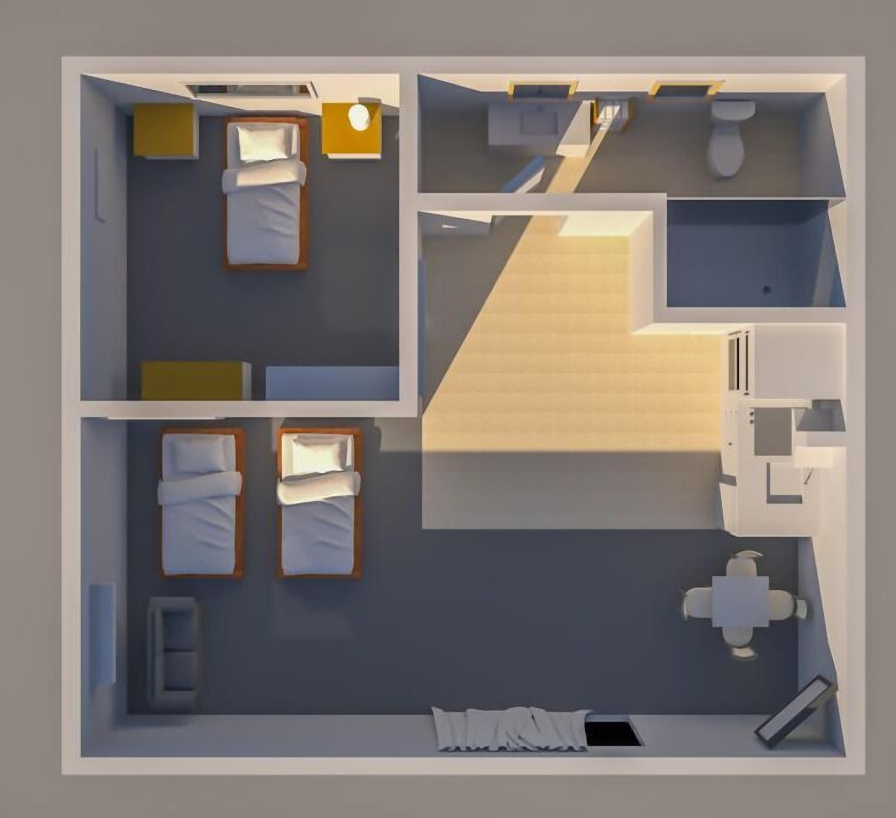 A 2-bedroom apartment layout with a living area, kitchenette, and bathroom.