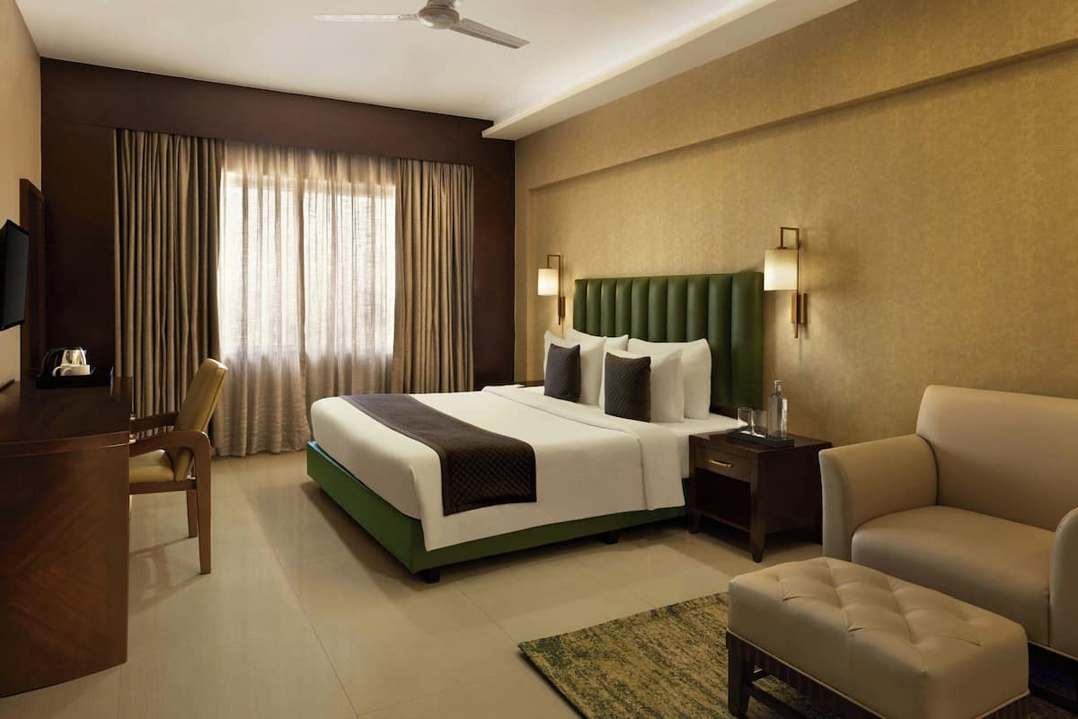 A hotel room with a bed, a desk, a chair, a sofa, a TV, and a window with curtains.