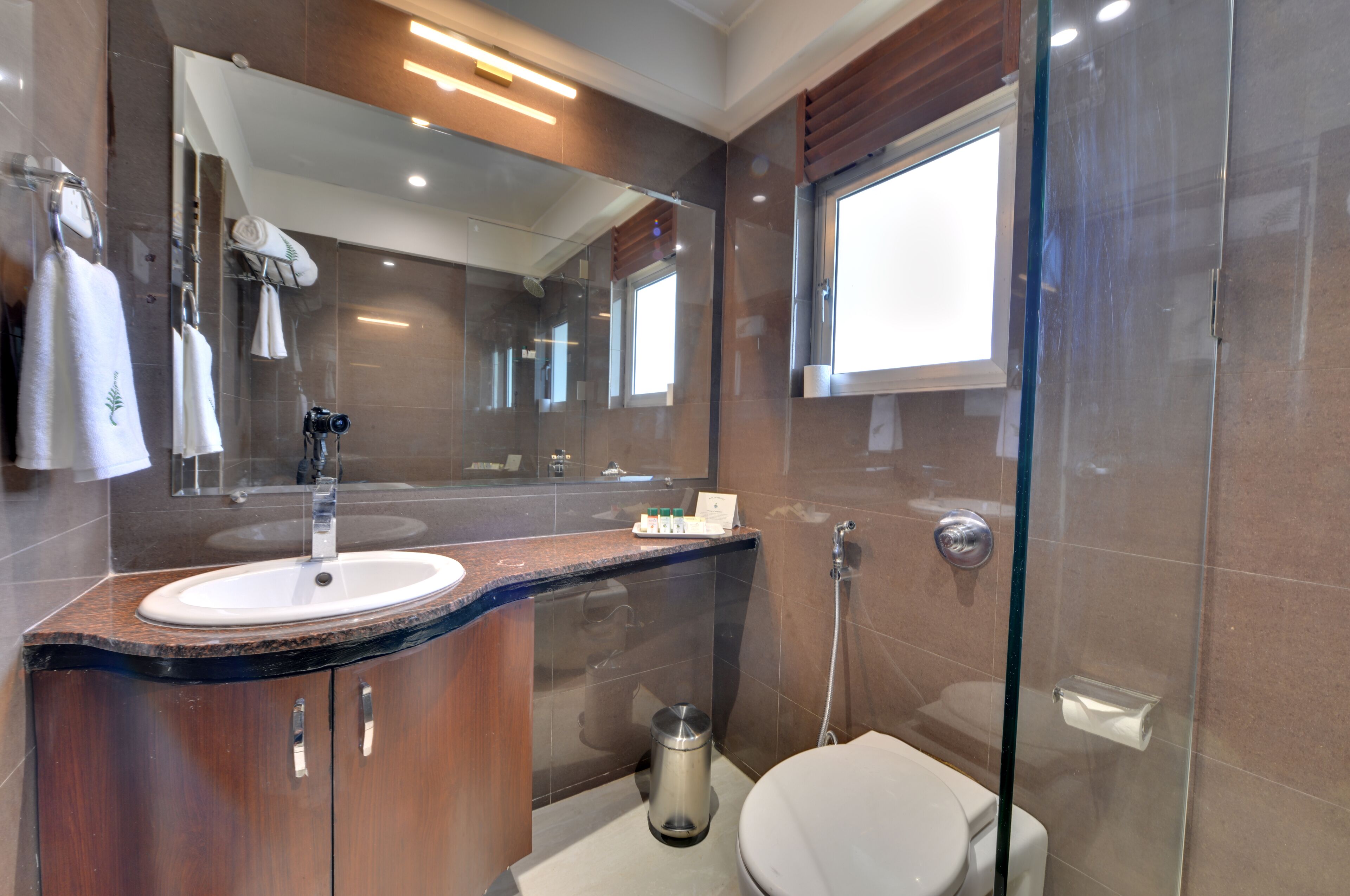 Une salle de bain moderne avec un grand miroir, un lavabo, des toilettes et une douche à parois de verre.