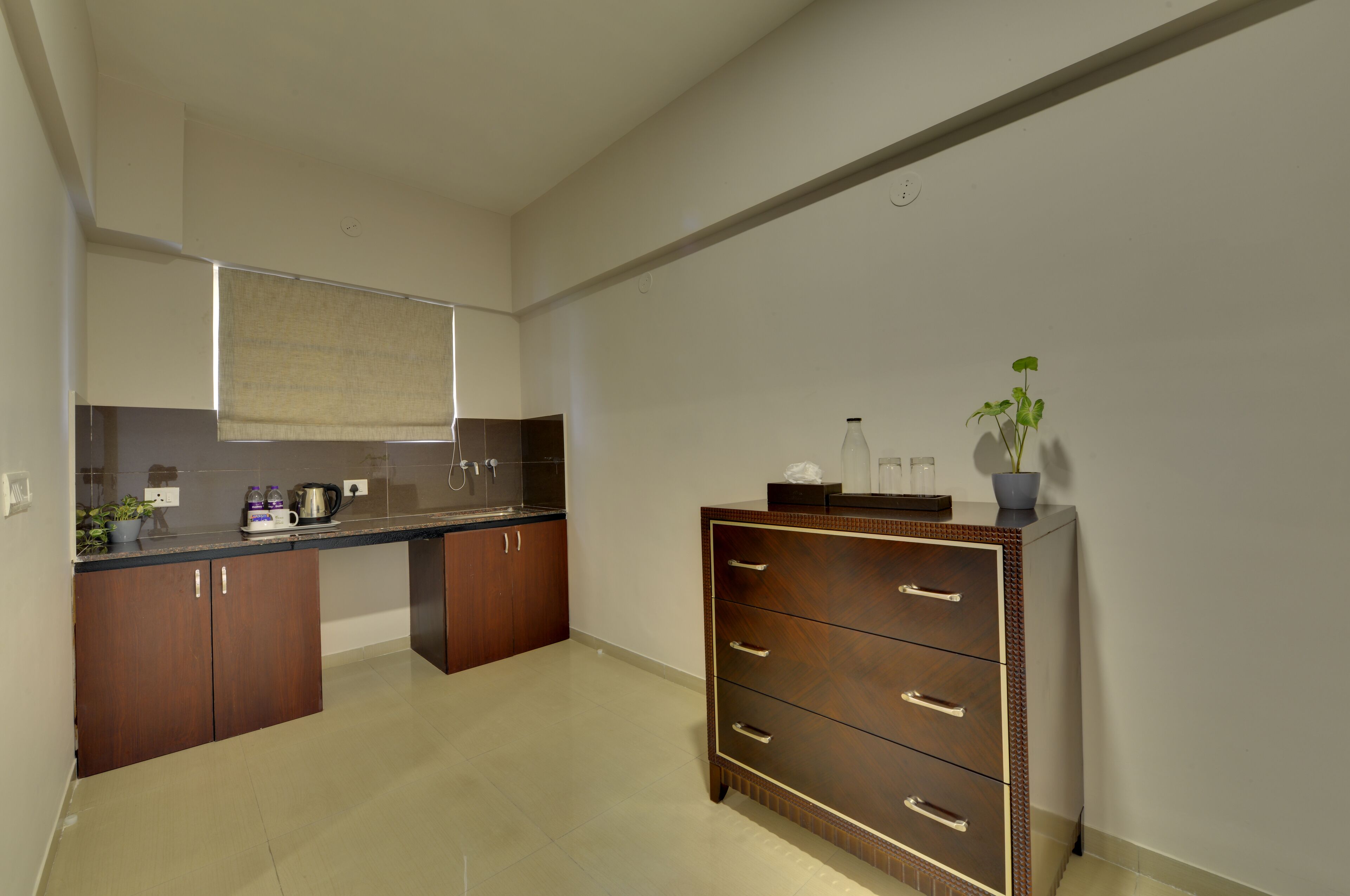 A modern kitchen with dark wooden cabinets, a countertop with a kettle, and a potted plant.