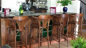 A kitchen with a bar area, wooden chairs, a coffee machine, and a potted plant.
